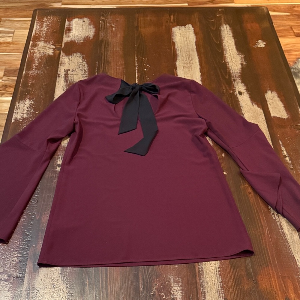 Halogen Burgundy Bell Sleeve Blouse with Black Neck Tie - Picture 8 of 10